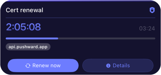 Countdown widget — Cert renewal reading 2:05:08 over a half-filled indigo bar, tagged api.pushward.app.