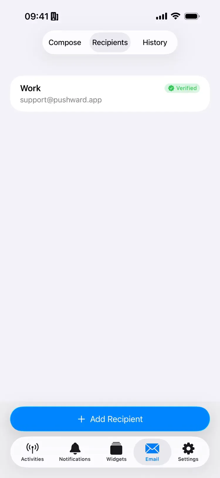 PushWard app Email tab — a verified recipient, then a Markdown email composed, previewed, and sent