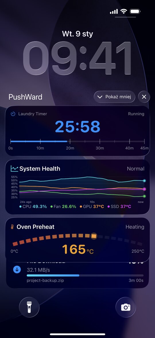 iPhone Lock Screen showing two Live Activities — Bambu Lab print timeline and SABnzbd download progress