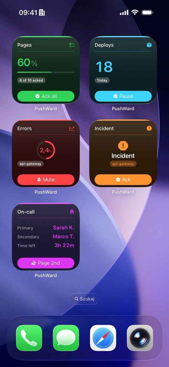 iPhone Home Screen showing PushWard widgets for Pages, Deploys, Errors, Incident, and On-call
