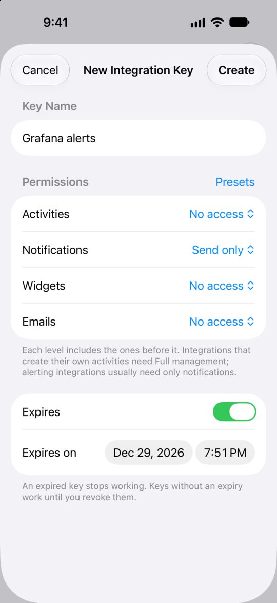Creating a key named Grafana alerts from the Notifications only preset - activities, widgets and emails set to No access, notifications to Send only - with an expiry date set.