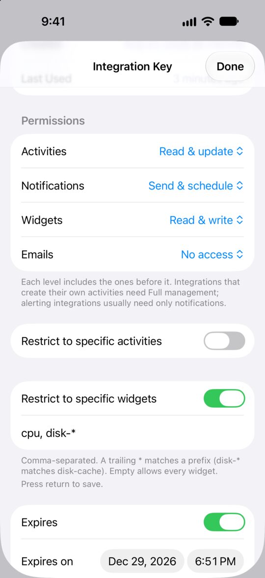 An existing key with activities at Read & update, notifications at Send & schedule and widgets at Read & write, limited to the widgets cpu and disk-*, with an expiry date.