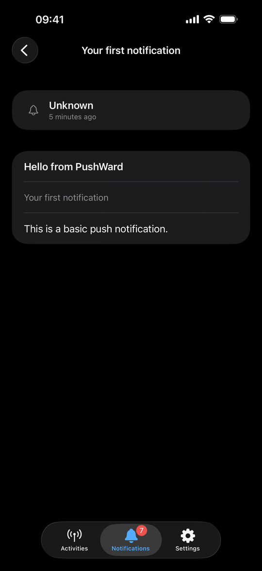 PushWard app detail view of the notification, showing title, subtitle, and body