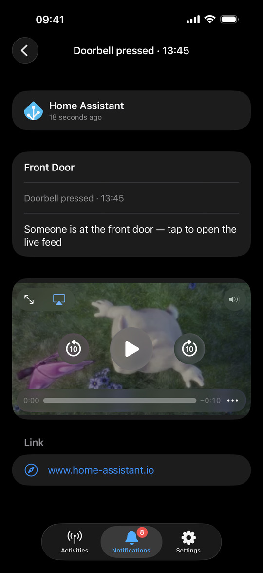 PushWard app detail view of the notification with an inline video player and tap link