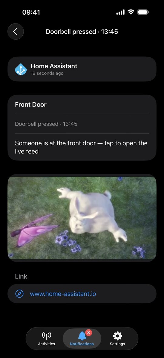 Notification inbox detail view with video attachment and tap link
