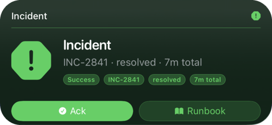 Status widget — Incident card with a green warning octagon and "resolved" pills.