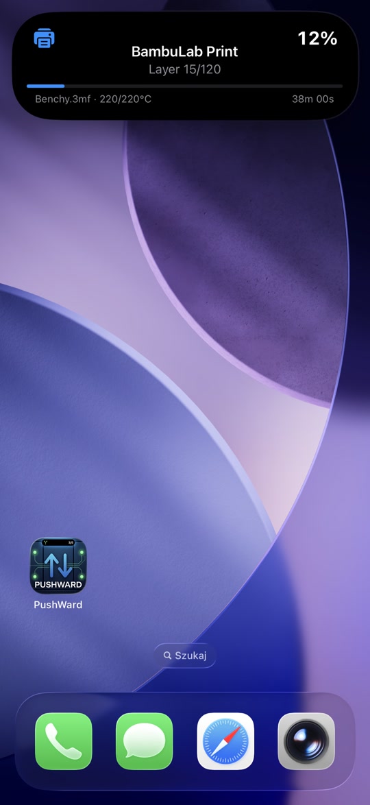 iPhone Home Screen showing Dynamic Island with BambuLab 3D print progress