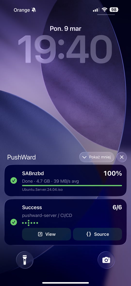 iPhone Lock Screen showing two Live Activities — SABnzbd download and GitHub Actions steps